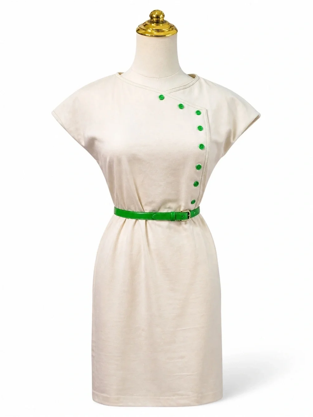 1980s Vintage Kay Windsor Cream Green Button Belted Midi Dress Small